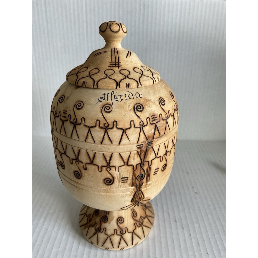 Hand Turned Lathe Chalice With Top Burned Decor Venezuela Vtg Candy Gift Decor
